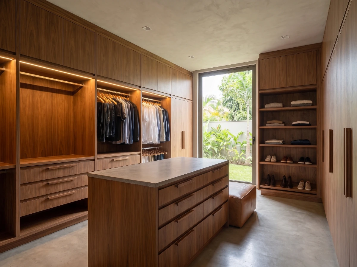Closet sob medida em madeira, com iluminação integrada nas prateleiras